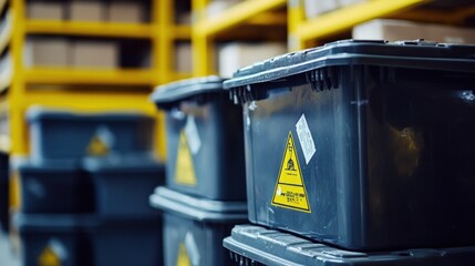 Stack of Gray Storage Bins in a Warehouse