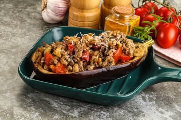 Baked eggplant stuffed meat and tomato