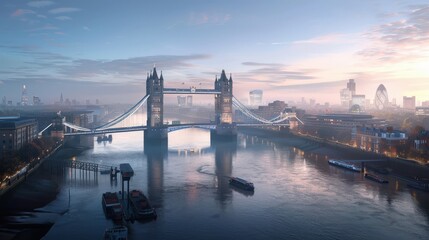 historic Tower Bridge spanning the River Thames, with its iconic twin towers and a glass floor walkway offering breathtaking views of the city skyline