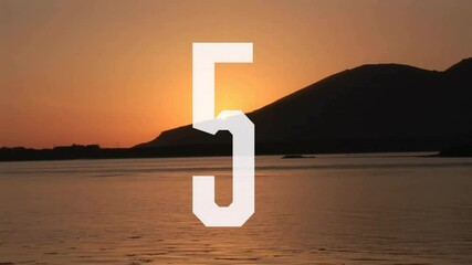 Poster - Number 5 animation over sunset landscape with mountains and water