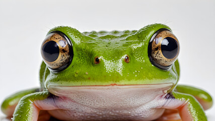 tiny green frog with large eyes, isolated on white background