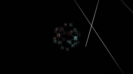 Poster - Animating geometric shapes and data icons over black background with intersecting lines