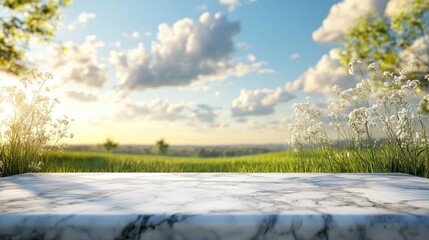 White marble table with clear blue sky,surrounded by green fields,city buildings in the horizon,city view with nature,view of window wall building with city view background,Modern office interior.