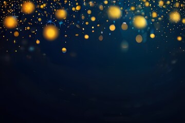 Poster - Golden sparkles on dark blue banner. Empty background bokeh. Blurred texture glitter. Defocused template night party. Abstract pattern festive. Generative AI