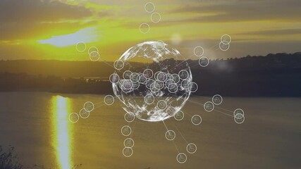 Poster - Global network connections animation over sunset landscape with water and hills