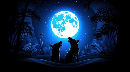 Two wolves howl under a vibrant blue moon amidst a serene night landscape, surrounded by dark foliage and glowing stars.