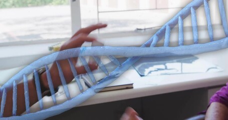 Poster - Examining sample in laboratory, scientist with DNA strand animation in background