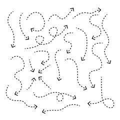 Poster - Set of squiggle line dashed arrows. Dotted hand drawn curved arrow. Doodle arrows of various shapes and directions.  Zigzag arrow stripes design with dotted lines. vector.

