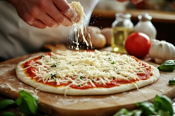 A man is making a pizza with cheese and tomato sauce