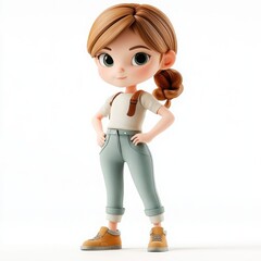 Confident Little Explorer: A charming 3D rendered girl, ready for adventure, exudes confidence in her stylish casual attire and determined pose.  