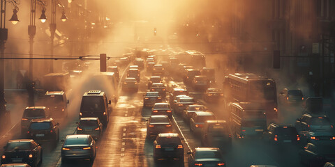 A traffic jam in a city street letting see smoky smog, pollution pm 2.5 concept.
