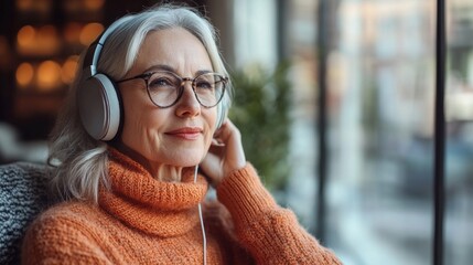 Wall Mural - A woman wearing glasses and headphones is sitting on a couch