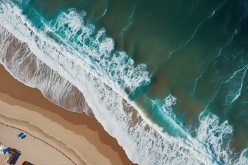 Wall Mural - Aerial Perspective of Summer Waves on Sandy Beach Ideal for Vacation and Travel Inspiration