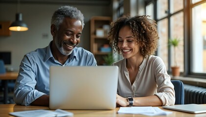 A black couple, comprising a male and a female, are working together in a modern office environment, utilising a laptop computer for collaborative purposes.