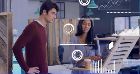 Poster - Discussing project in modern office with data analytics and graphs animation