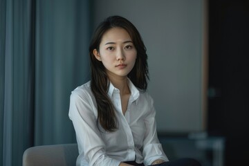 Wall Mural - Portrait of young mixed race Asian businesswoman sitting