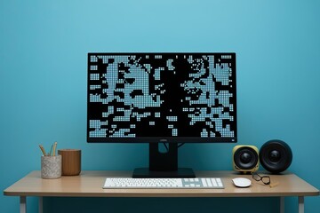 Cyan Monochrome Smart Monitor Featuring Pixel Disintegration Glitch Effect