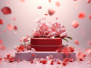 Wall Mural - Incredible Envision a podium with an open surprise gift box in red amidst a shower of rose