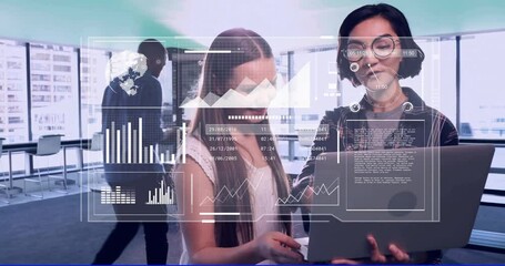 Poster - Business data analytics animation over diverse people collaborating in modern office