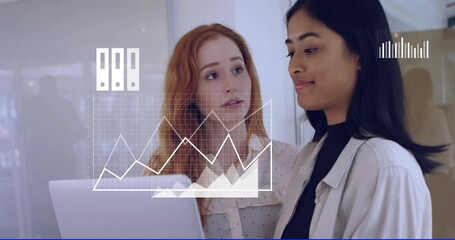 Poster - Business data charts animation over two women discussing documents in office