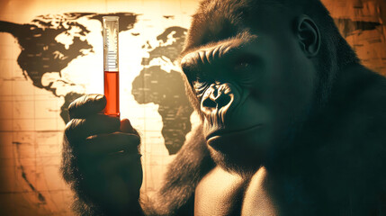 A powerful gorilla holds up a test tube with red liquid, silhouetted by sunlight against a dark world map, symbolizing health and epidemic challenges