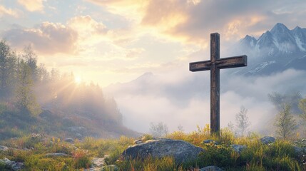 Wall Mural - Wooden Cross in Mountain Landscape with Sunrise and Fog