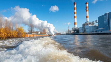 Industrial factory releasing waste into a river, causing severe water pollution and environmental damage .