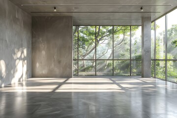 Modern loft style empty space interior 3d render,There are polished concrete floor ,wall and ceiling,There are large window look out to see the nature view,sunlight shining into the room.