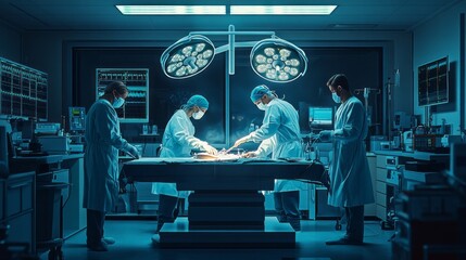 Poster - A group of surgeons are performing a surgery in a hospital