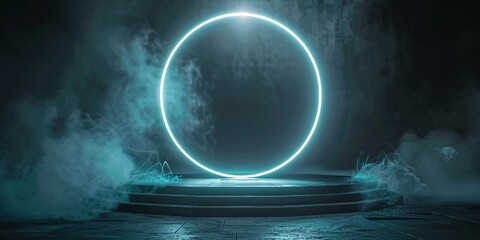 Enigmatic futuristic gateway enveloped in mist, circular luminous structure advanced teleporter, luminescent glow casts sparkle on dark backdrop, ethereal platform's illumination.