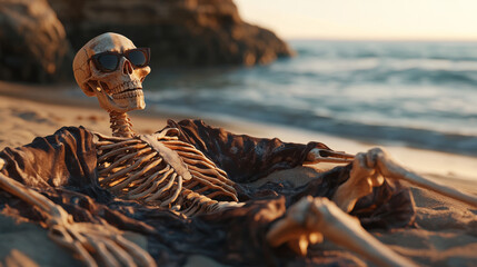 Wall Mural - A skeleton is laying on the beach in a black shirt and sunglasses