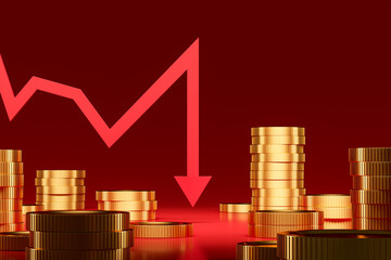 Poster - Gold coins and downtrend arrow on red background. 3D Rendering