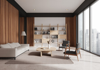 Sticker - Modern living room with wooden accents and city view. 3D Rendering