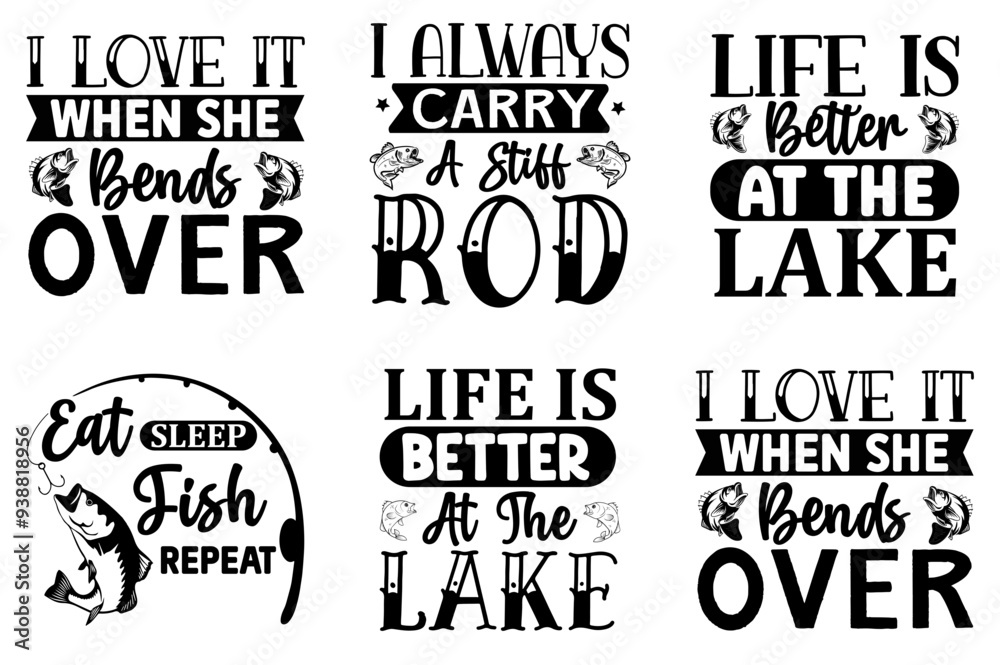 Classic Fishing Hand Lettering, Quotes Pack Vector Illustration for ...