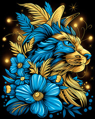 Sticker - A cat with blue and yellow fur is surrounded by flowers