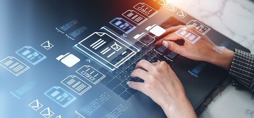 Poster - Digital document management system with virtual icons overlay.