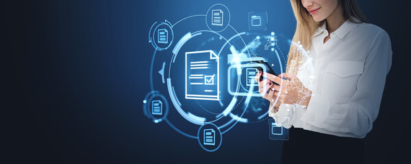 Poster - businesswoman using phone, electronic documents storage and search