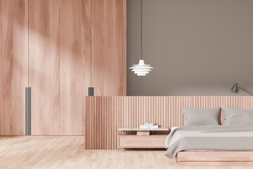 Wall Mural - Wooden home bedroom interior with bed, nightstand and wardrobe