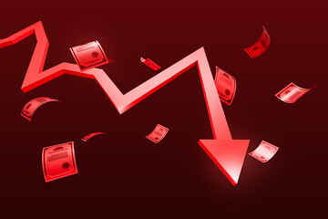 Poster - Downward trend with falling money illustration. 3D Rendering
