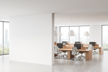 Poster - empty modern office space with blank wall and workstations. 3d rendering