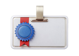 a blank white badge with a silver clip at the top, adorned with a blue seal and a red ribbon. the ba