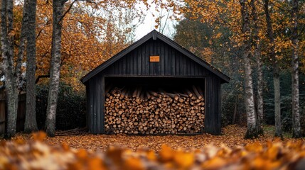 Canvas Print - a rustic wooden shed with a pile of firewood. the shed is nestled amongst autumn trees, perfect for 