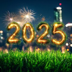 happy new year 2025 written with sparkle firework on grass with cityscape background