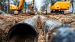 © At My Hat - Large black pipes laid in the ground. This image shows the pipes being installed for a new water or gas line.