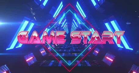 Poster - Game Start text animation over neon-lit futuristic tunnel background