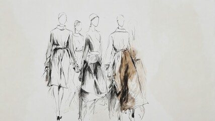 Black white sketch three people walking side by minimal modern a