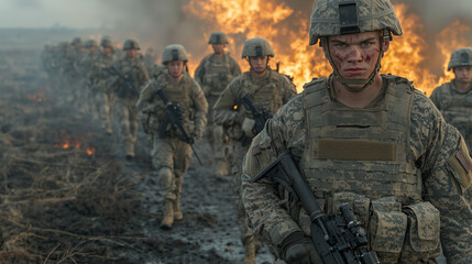 Soldier in Combat Gear Walking Through a Firestorm