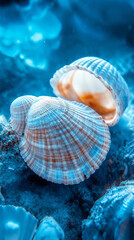 Two shells are on a blue rock