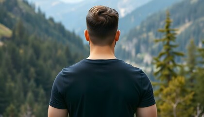 mock up of a man wearing a plain black t-shirt from behind, with a mountain forest background with dense green trees