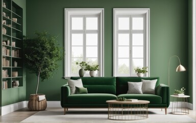 Green sofa and chair against green wall with book shelf. Scandinavian home interior design of modern living room with greenery